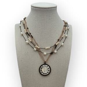 Monet Multi-Strand Pearl Ribbon Necklace Floral Medallion Romantic Vintage